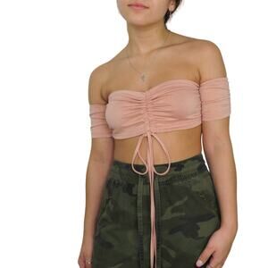 Shein Pink Off Shoulder Ruched Tie Front Crop Top Y2k Extra Small XS Barbie